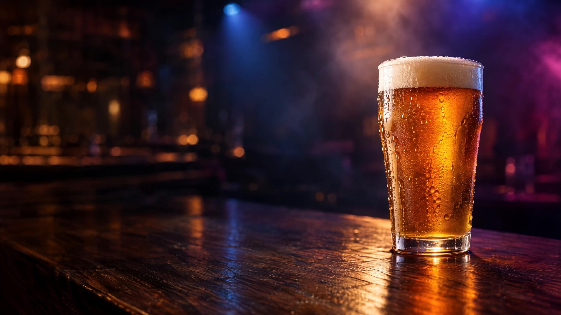 Copo de chope sobre um balcão de madeira com luzes de palco